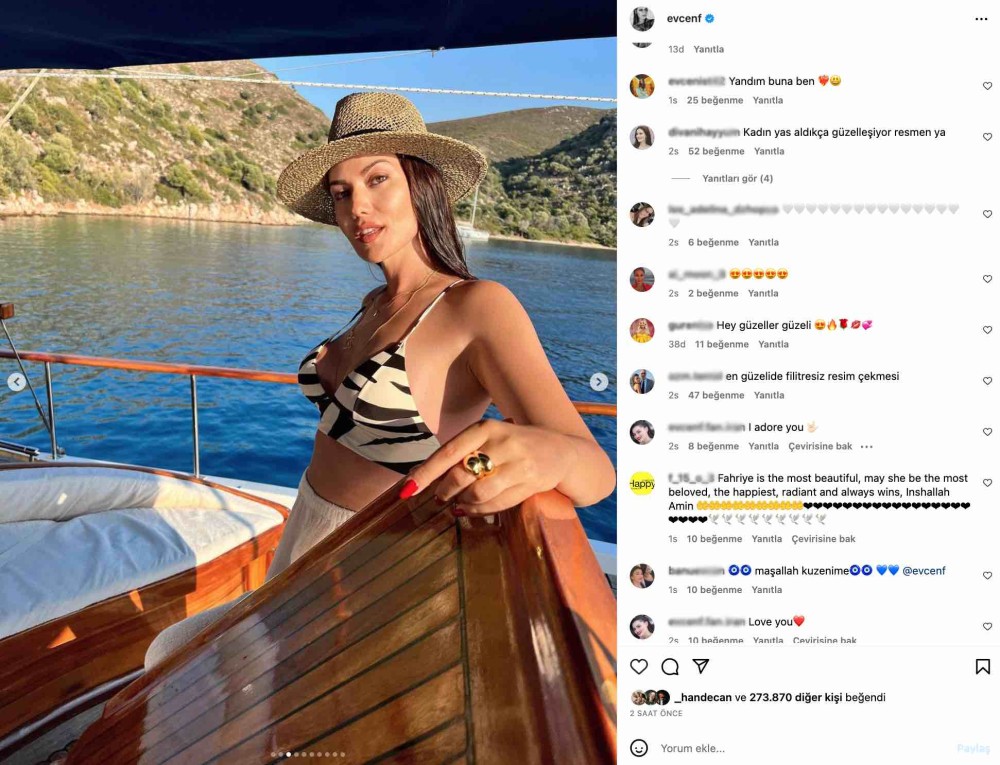 fahriye evcen in zebra desenli bikinili tekne pozlari begeni topladi yandim buna ben